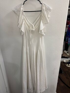 Elegant White Eyelet Ruffle Midi Dress